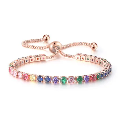 

Factory Supply Adjustable Iced Out Rainbow Baguette 3MM CZ Zircon Pave Tennis Chain Bracelet H039, Picture