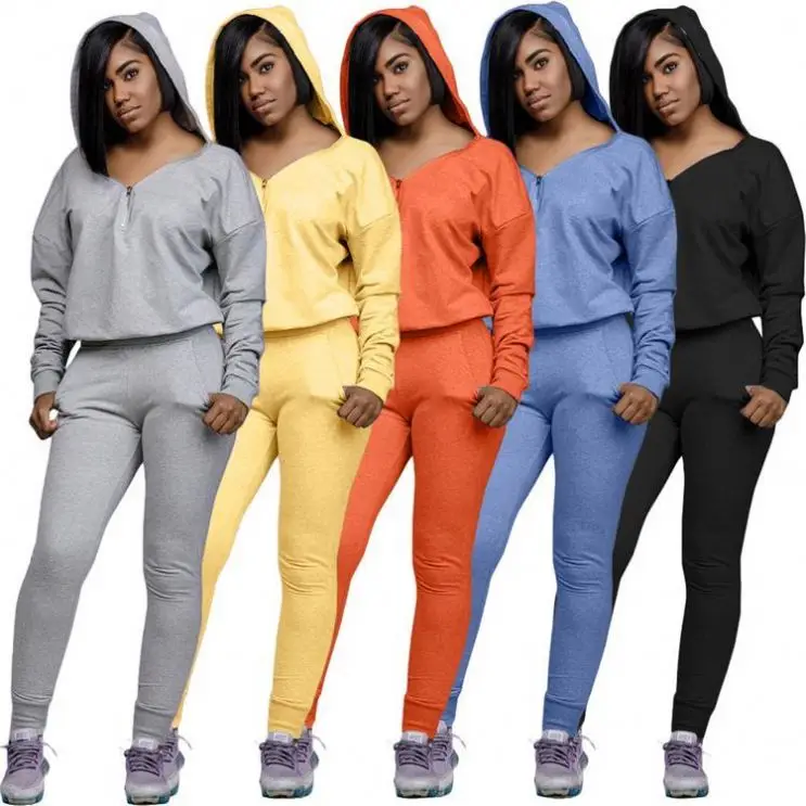 

Fall 2020 High Quality Sexy V Neck Zip Solid Color Hoodie Two Piece Set Tracksuit for Women