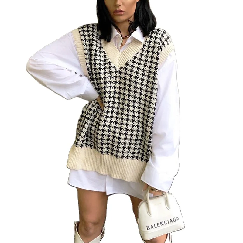 

2020 V-Neck Houndstooth Sleeveless Oversized Loose Women's Sweaters Knit Sweater Vest Pull Sans Manche Sueter Mujer, Multicolor