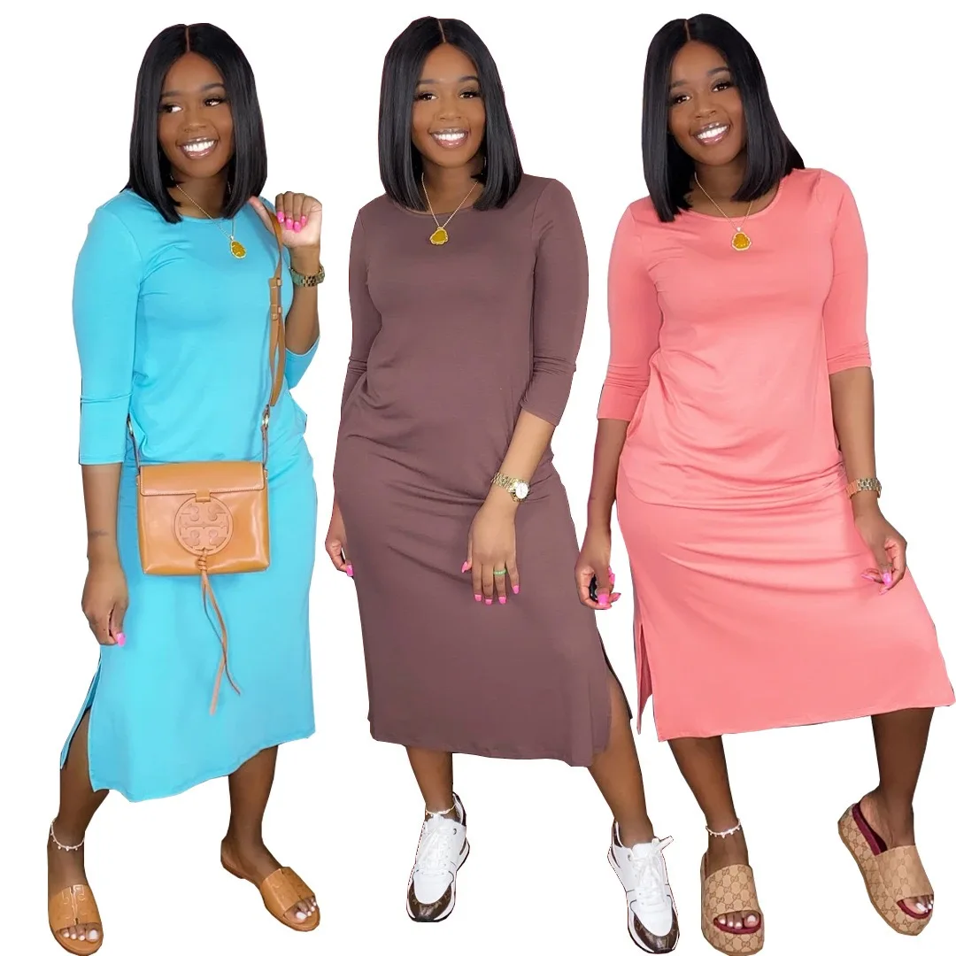 

2022 Spring And Summer Long Sleeve Solid Color Slit Dress Womens T Shirt Dress Midi Dress A-line Casual Style Streetwear