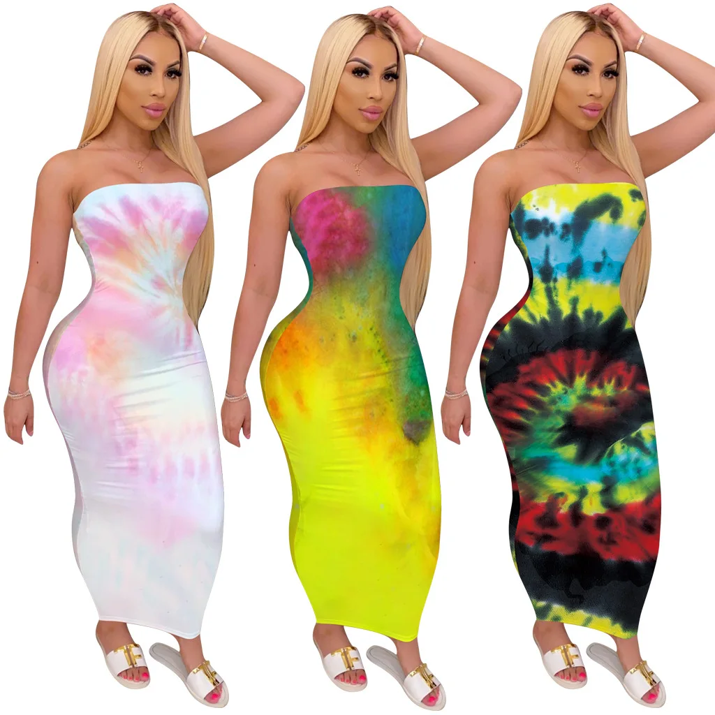 

2021 Sexy Women Elegant Tie Dye Print A line Off Shoulder Party Bodycon Midi Pencil Women Dress