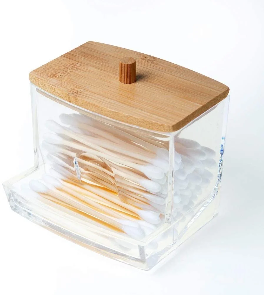 

Acrylic Qtip Holder with Bamboo Lid Transparent Small Cotton Swab Dispenser Toothpick Storage Container Bathroom Countertop, Clear