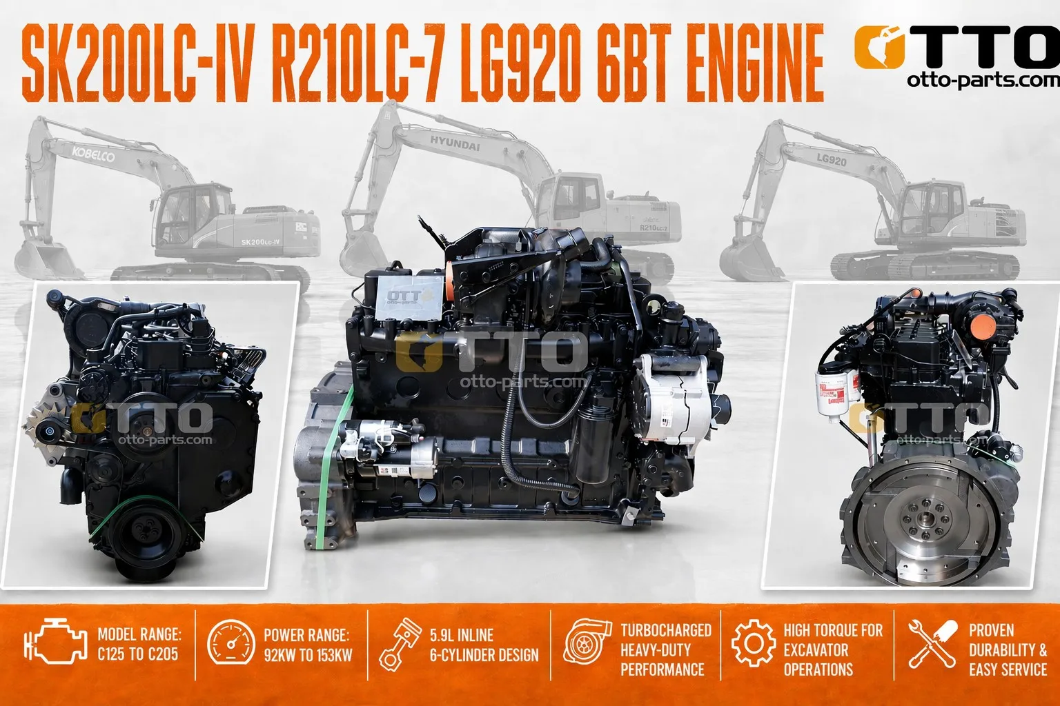 Cummins 6BT Engine Assembly 5.9L for Kobelco SK200LC-IV Hyundai R210LC-7 LG920 - OTTO Parts