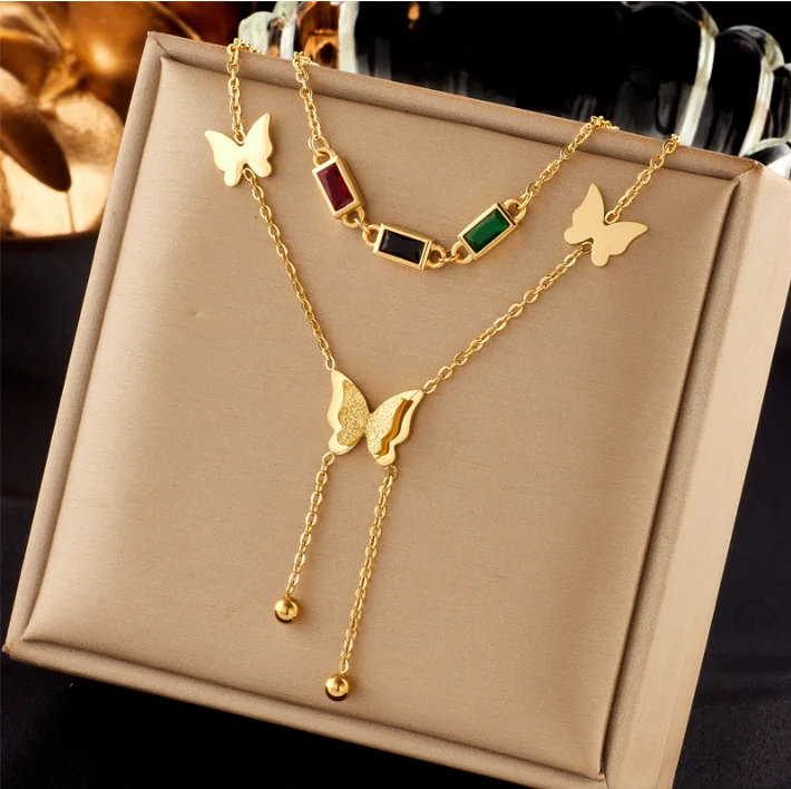 

Stainless Steel Gold Butterfly Pendant Necklace Bracelet set For Women New Multilayer diamond crystal Chains choker Jewelry Gift