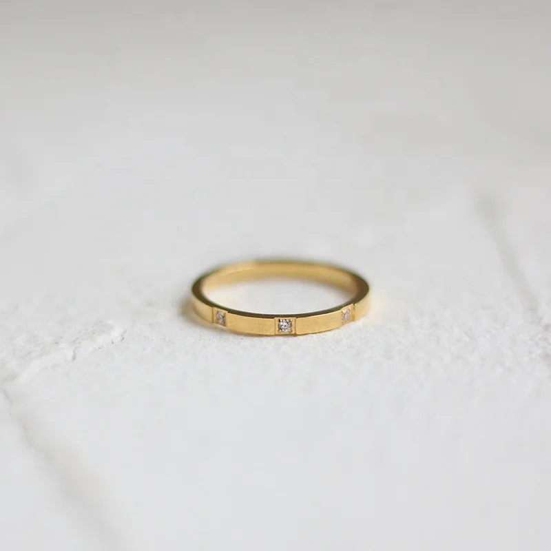 

Minimalist Thin Gold Ring No Tarnish Stainless Steel Ring Small Size Three Stone Diamond Ring, Gold/silver/rose gold