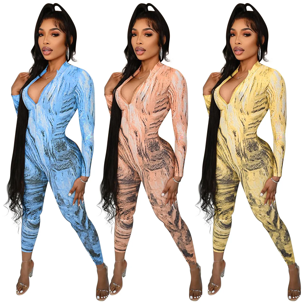 

L170 2021 New stylish New design Water ripple print zipper slim sexy jumpsuit