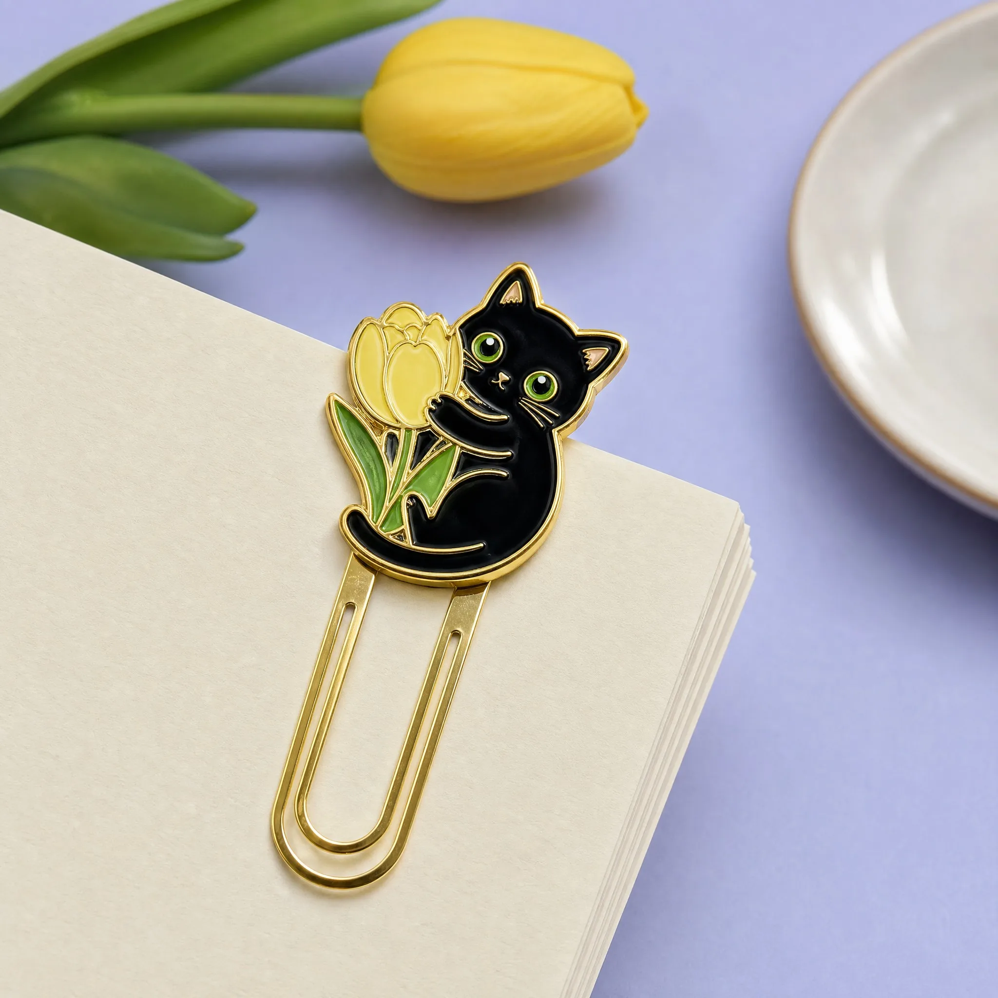 Custom Cute Black Cat Hugging Yellow Tulip Blossom Gold Wire Paperclip Bookmark