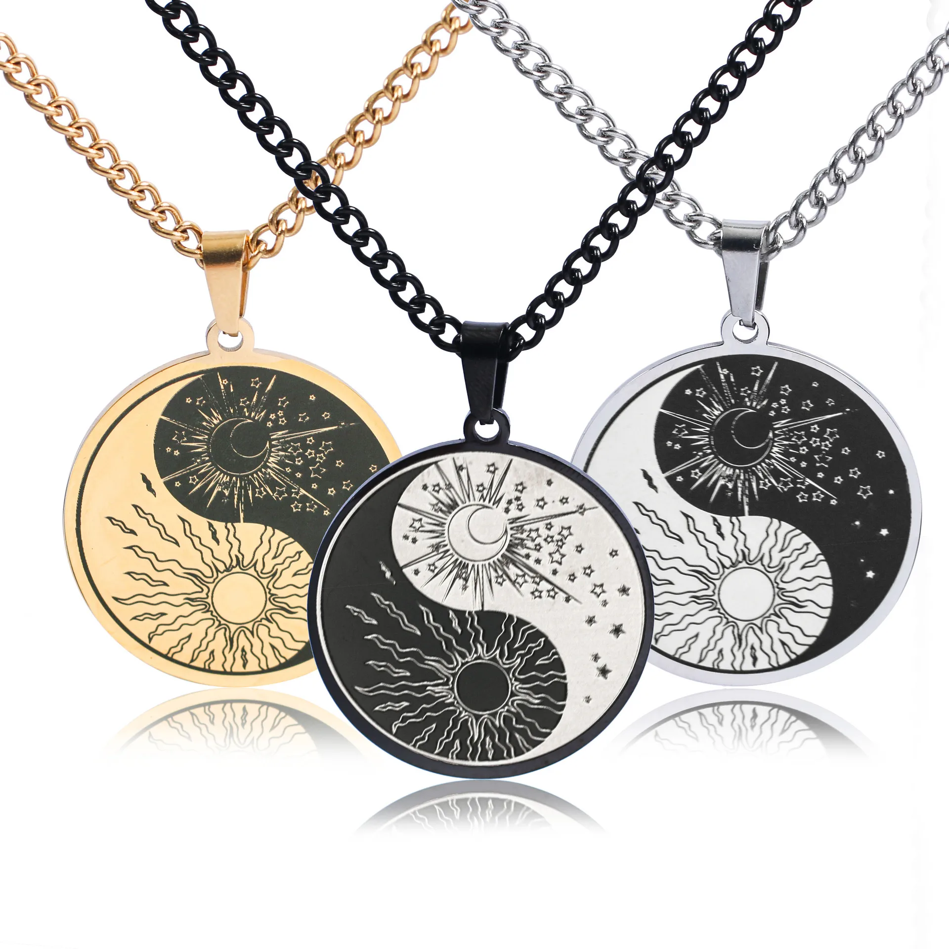 

Fashion Creative Stainless Steel Yin Yang Tai Chi Moon Sun Pattern Pendant Necklace for Men's Women's Retro Jewelry 2022 New, Like picture