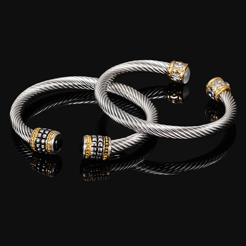 

Vintage Titanium Bracelet Stainless Steel Cable Wire Bracelet Gem Bracelet, Gold,black