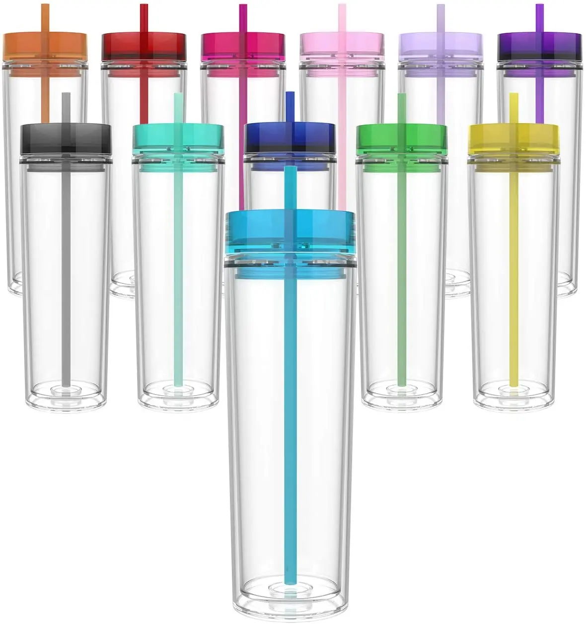

Clear Plastic Tumblers Drinkware Double Wall Insulated Skinny Acrylic Tumblers with Straw and Lid 16 oz, Customized color acceptable