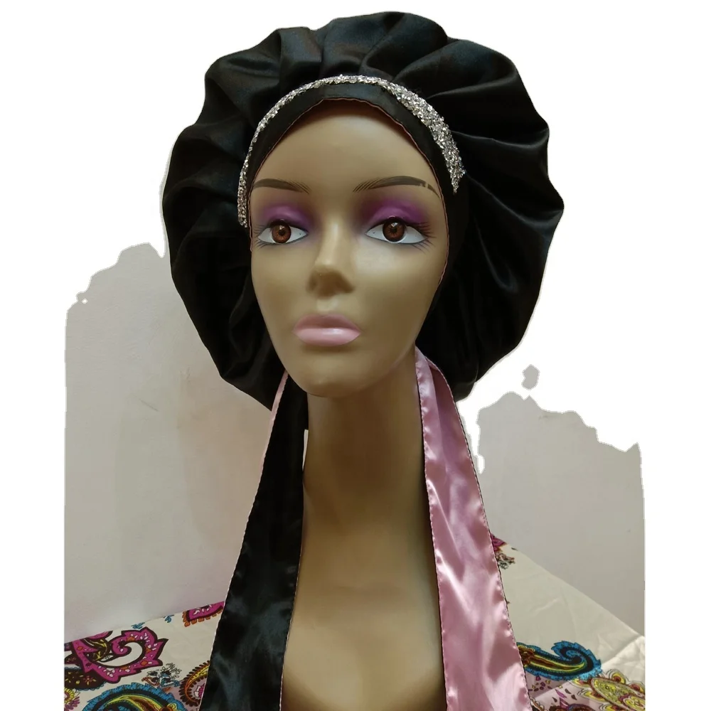 

Double Layers Rhinestone Silk Bling Bonnet with Adjustable Head Wrap Braids Hair Diamond Night Sleep Caps