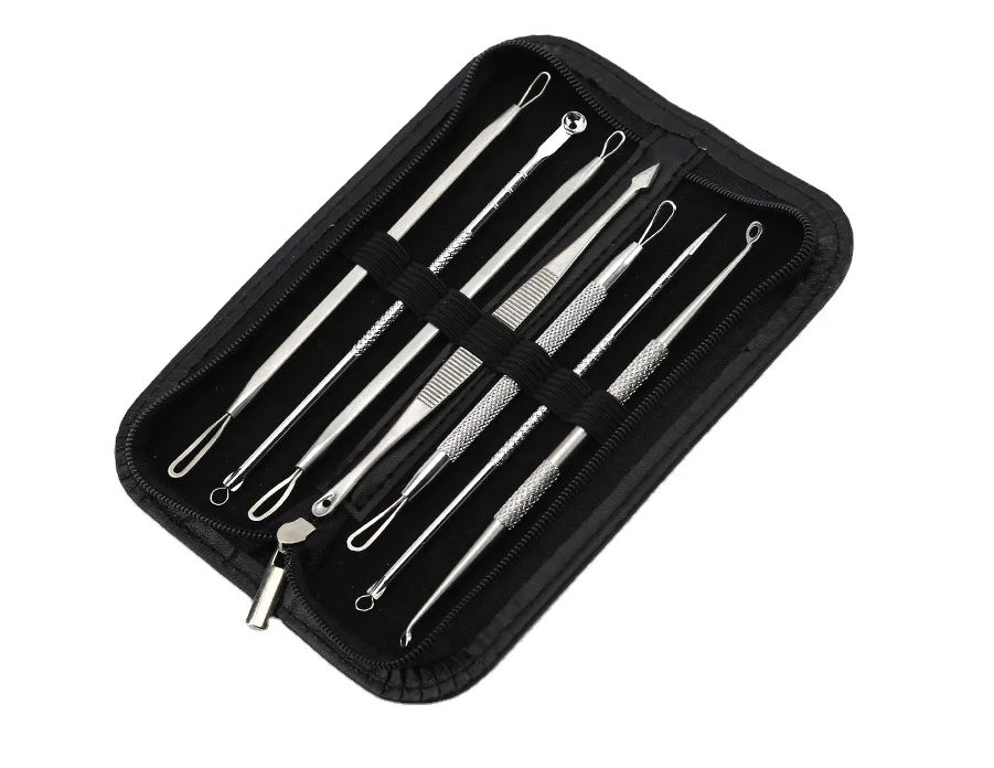 

Brand New 7Piece Stainless Steel Special Acne Removal Tool Facial Skin Care Pore Cleaner, White and black pu bag