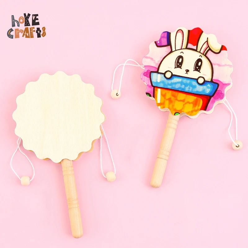 

Creative DIY Mini Wooden Rattle Drum Children's Doodle Painting Toy Natural Unfinished Wooden Rattle