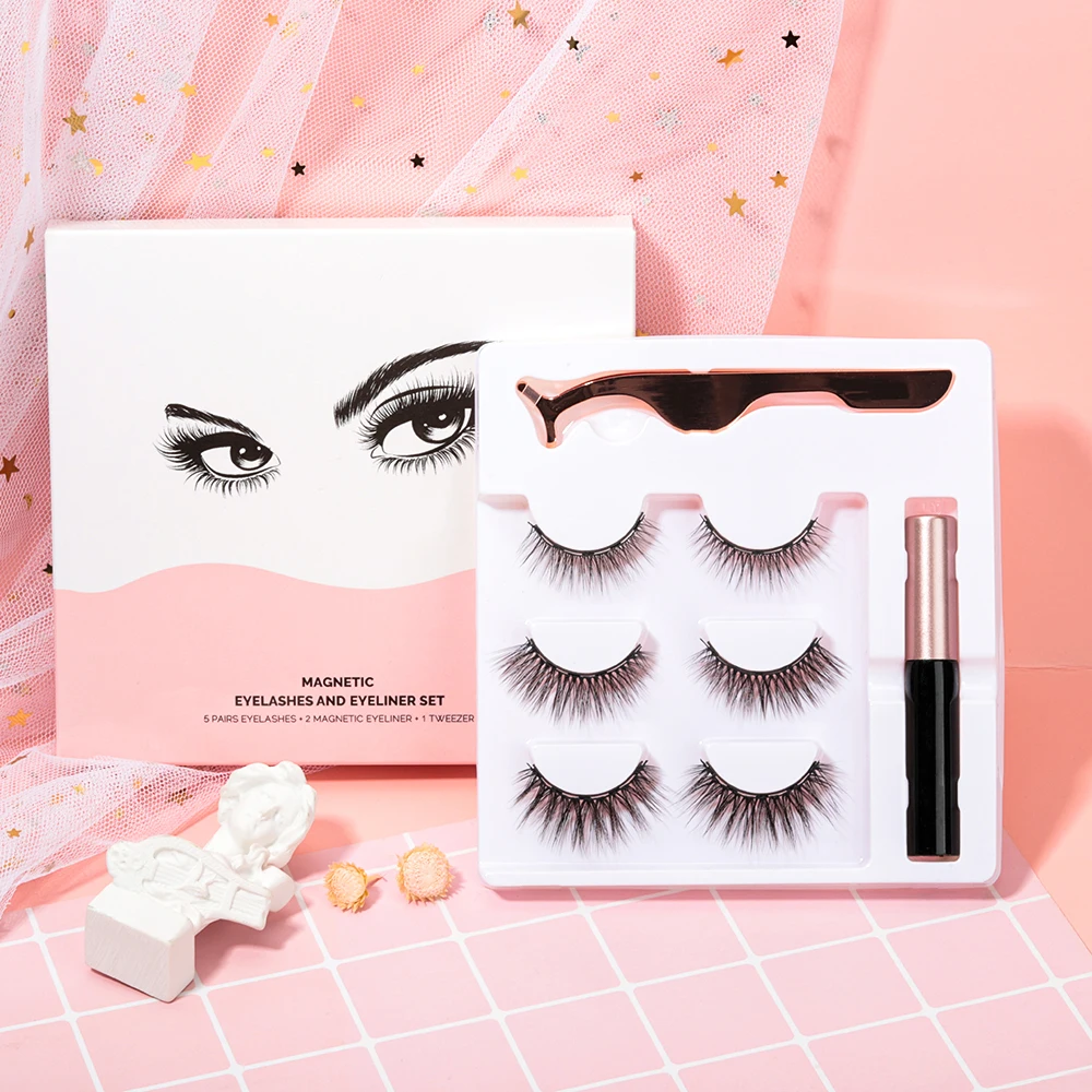 

Natural Long vegan Customized 5 10 magnets Mink or Synthetic Magnetic Lashes With Eyeliner Kit Private Label Packaging, Natural black