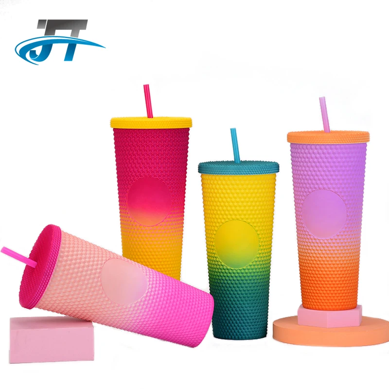 

2022 Popular 710ml Durian Cup Double wall plastic colored Gradient Durian Cup Straw tied hand Durian cup, Customized color
