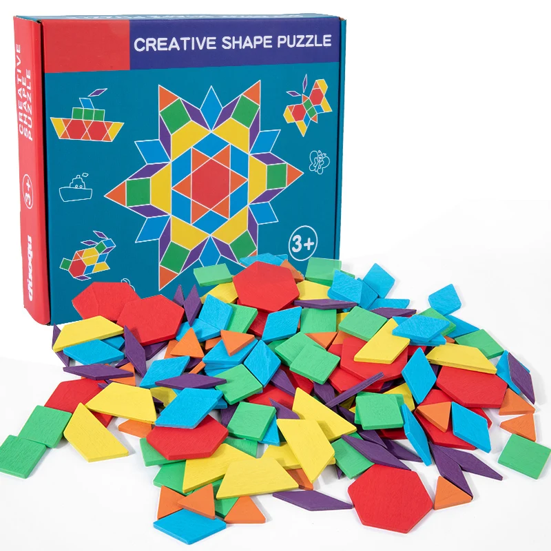 

Wooden Pattern Blocks Set Montessori Tangram Toys wooden creative Geometric shape puzzle