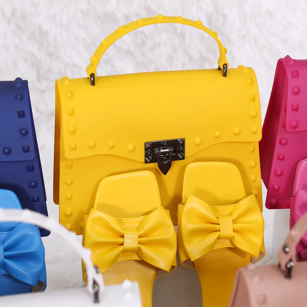 

2021 Handbags sets ladies summer slippers with handbags clear shoulder bag fashion purse luxury bags and shoes set for women, 5 color