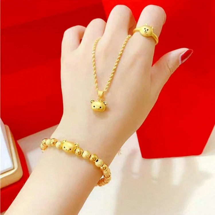 

Thai Golden Bear Ring Bracelet Necklace Set Plated 18K Gold Cartoon Cute Little Bear Necklace