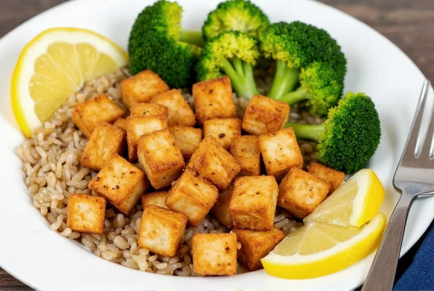 Crispy golden lemon pepper tofu cubes served over brown rice with steamed broccoli and lemon slices