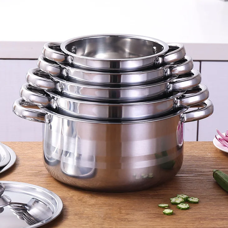 

Factory wholesale cooking pots 10pcs stainless steel stock pot kitchen accessories cookware sets with lid, Silver