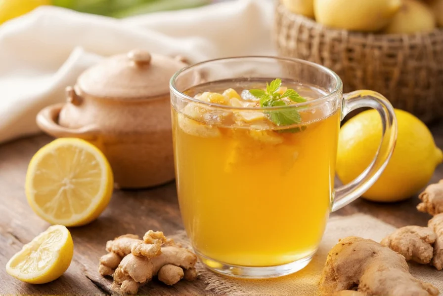 Final presentation of ginger root tea with honey and lemon in a ceramic mug with fresh ingredients beside it