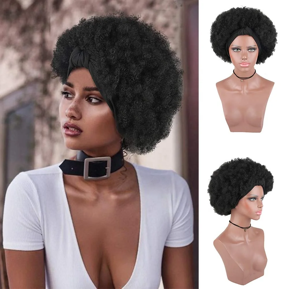 

High Puff Afro Ponytail Drawstring with Headwrap Synthetic Short Afro Kinky Curly Full Wig Updo Head-Wrap Wig with Turban, Solid and ombre