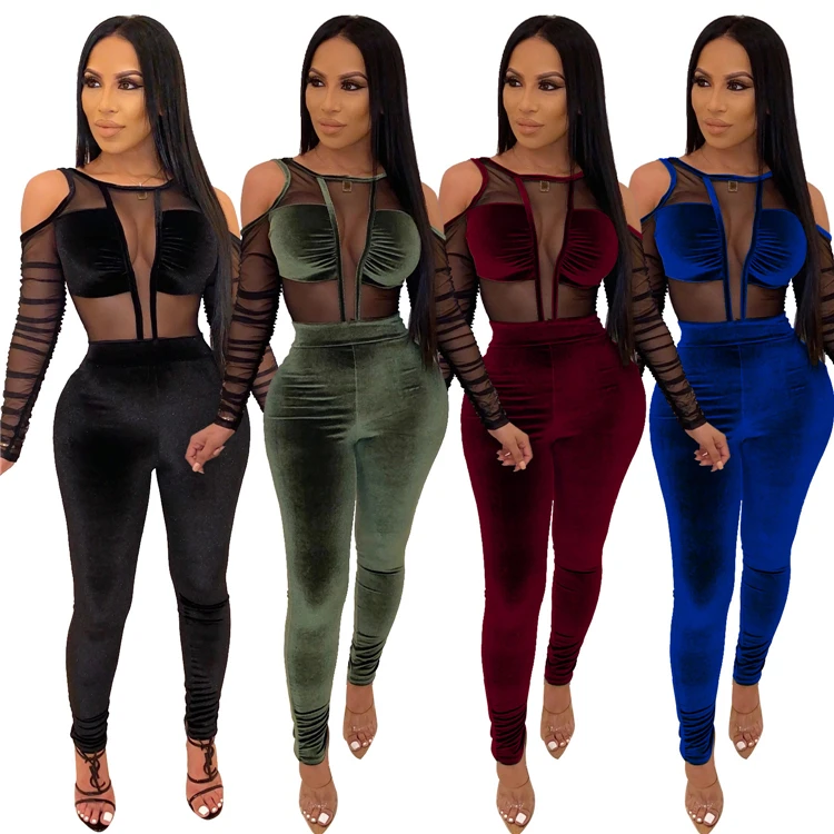

2020 new design black zipper mesh patchwork tight bodycon club wears women jumpsuits, Customized color/as show