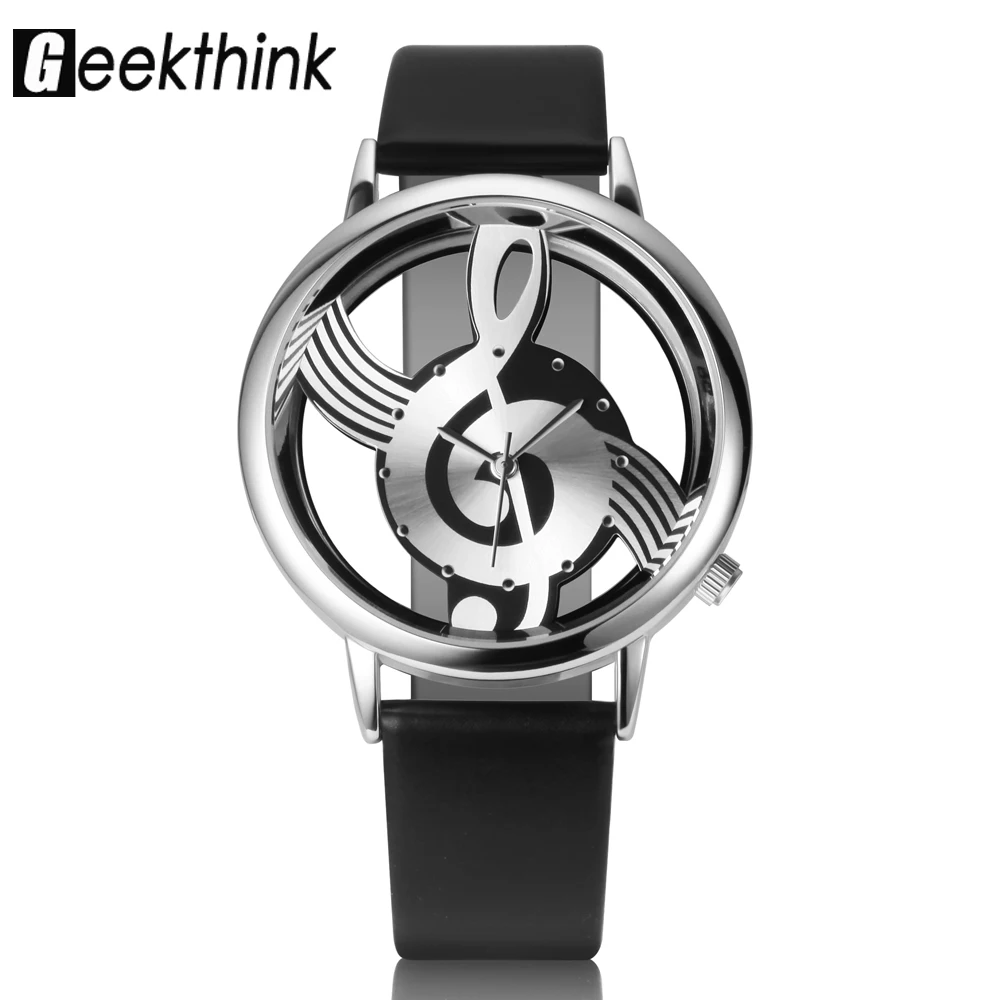 

GEEKTHINK Unique Classic Women Quartz Watch Ladies Hollow Musical Note leather strap WristWatch fashion Gfit Casual Clock female, Black/white
