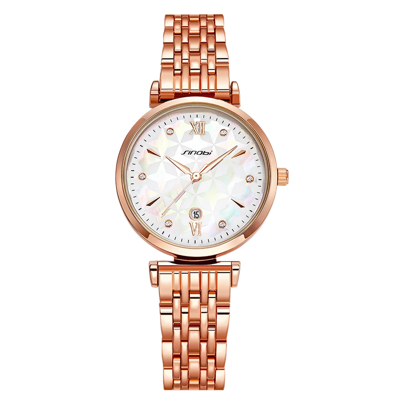 

SINOBI Luxury Calendar Lady Watch Luck Four Leaf Clover Watches Diamond Quartz Wrist Watch For Women Reloj Ladies Clock S9827L, Rosegold/ accept customized colors