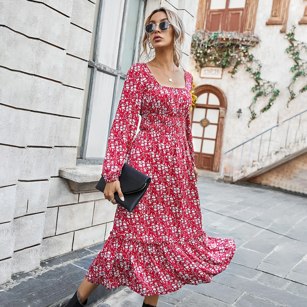 

Spot manufacturers wholesale 2021 spring and summer new flowered long sleeves mid-length dress women