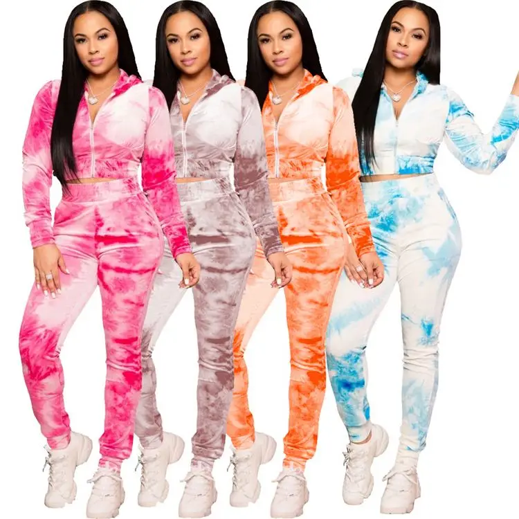 

D95433 Womens jogger sets wholesale 2020 tie dye tracksuit velvet sportswear