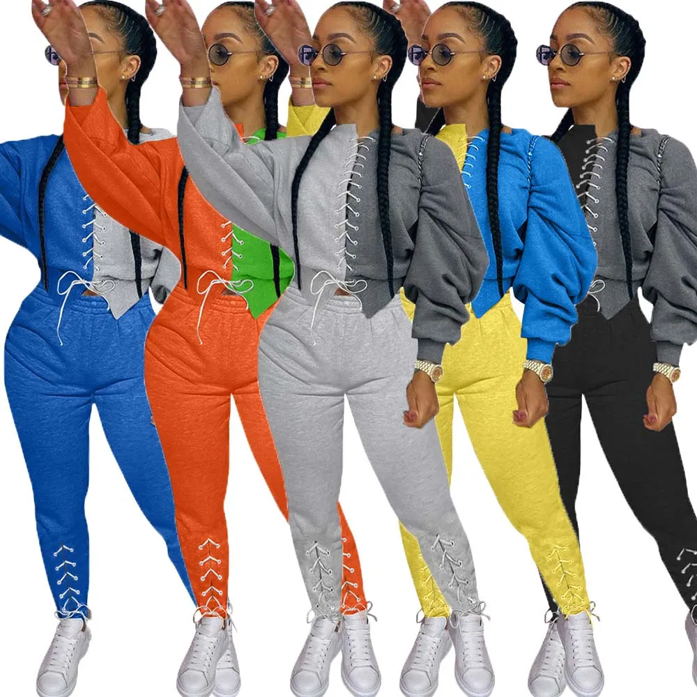 

winter fall clothing patchwork tracksuit 2 piece lace up sweatsuit set, Black, blue, orange, gray, yellow,