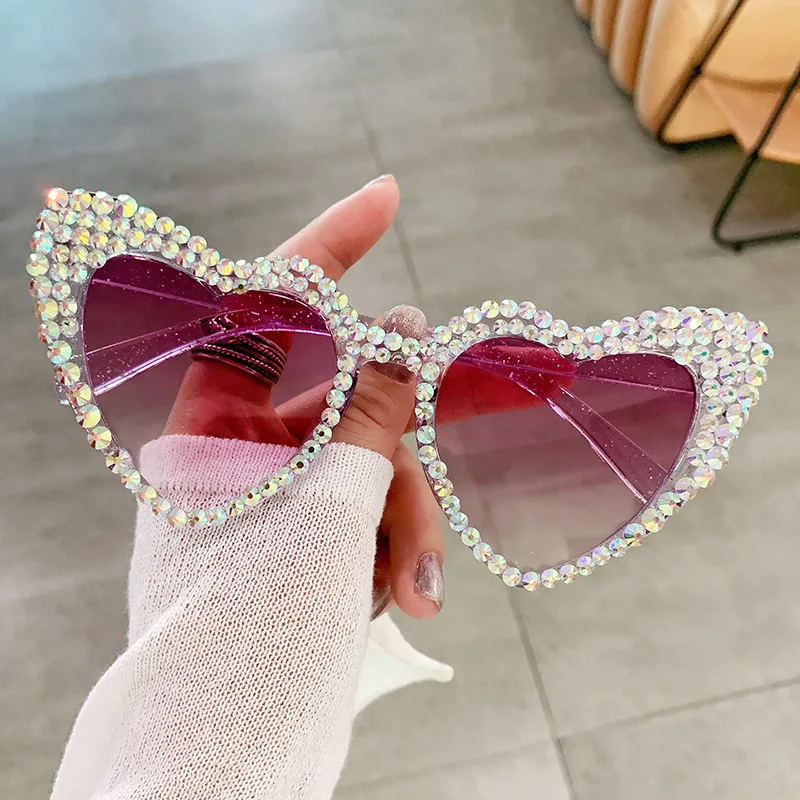 

Rhinestone Sun Glasses Shades Diamond-studded Heart Sunglasses Pink Bling Cat Eye Women Sunglasses