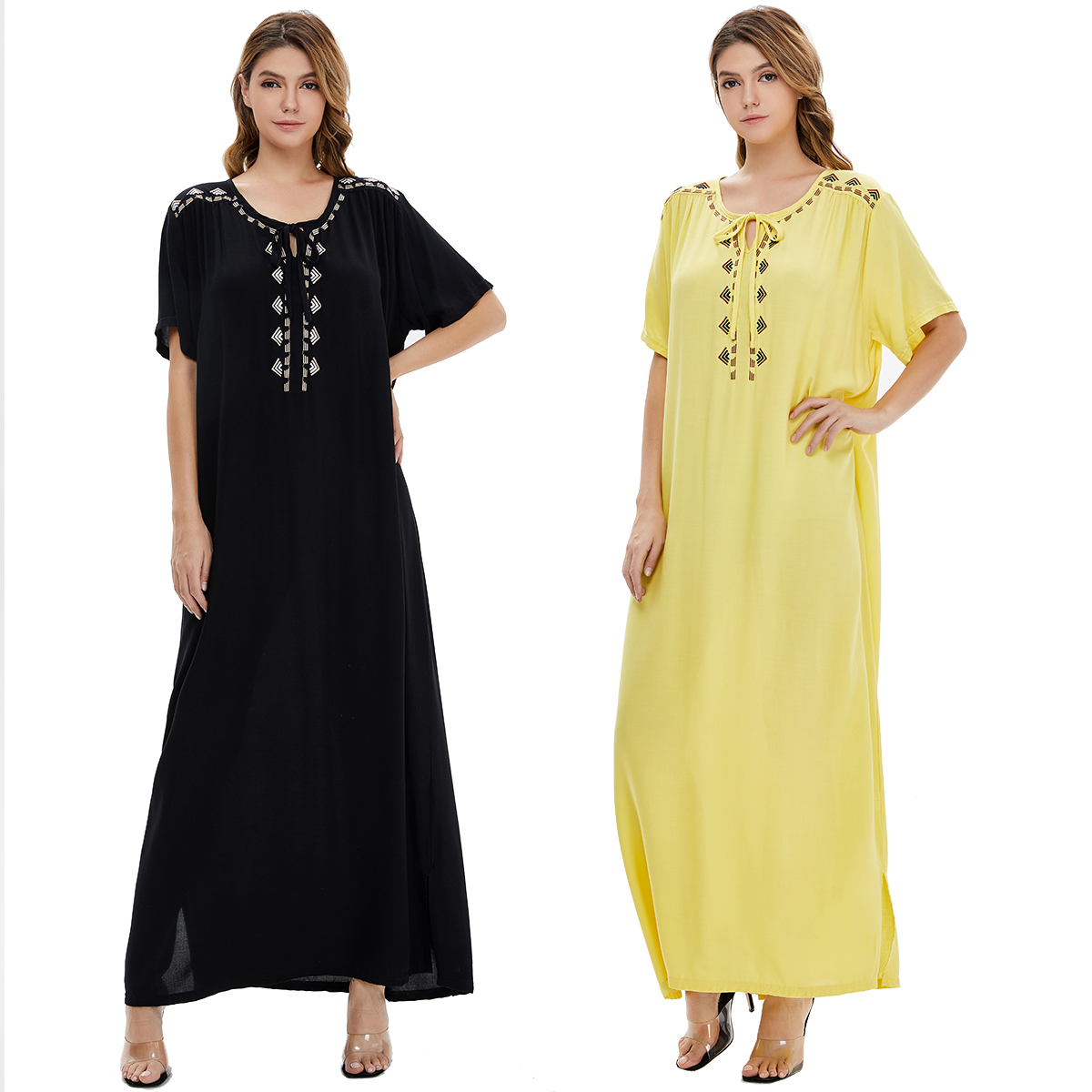 

Yellow Muslim Dress Maxi Women Abaya Fashion Robe Femmes Pajama, Black, yellow