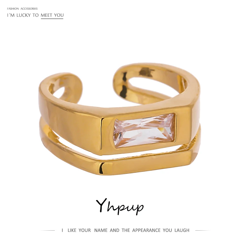 

Yhpup Trendy Chic Statement Jewelry Copper Plated Real Gold Geometric Classic Jewelry Cubic Zirconia Open Rings for Women Party
