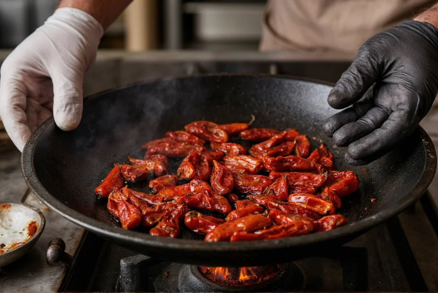 Chef's hands wearing gloves while roasting dried guajillo peppers on a comal over gas flame
