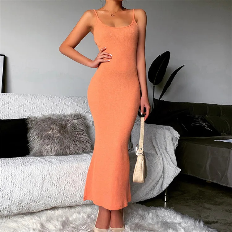 

Spaghetti Strap Mermaid Dress Sleeveless Solid Color Maxi Dress Backless Dresses Women Lady Elegant, Orange/gray/black