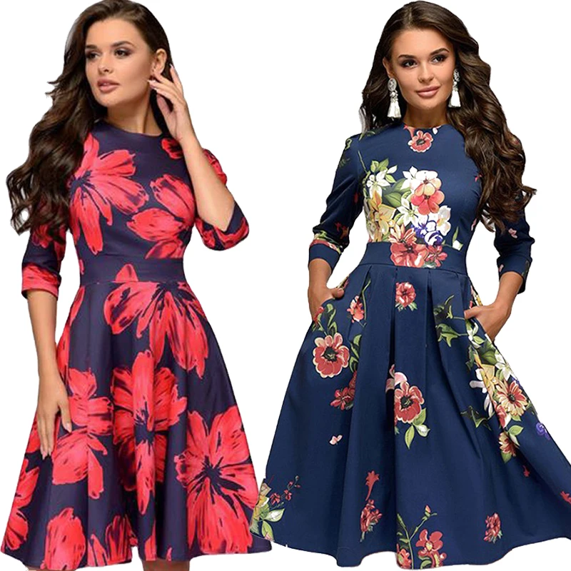 

Wholesale Clothes Women Casual Party Midi Slim Dresses Vintage Floral Printed Elegant Casual Life 1 Piece Pleated Accept OEM, White, pink, red, navy blue, feather white, purple blue, big red