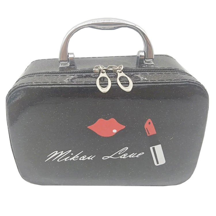 

PU Leather Makeup Box Women Travel Vanity Jewelry Cosmetic Case With Mirror, Black