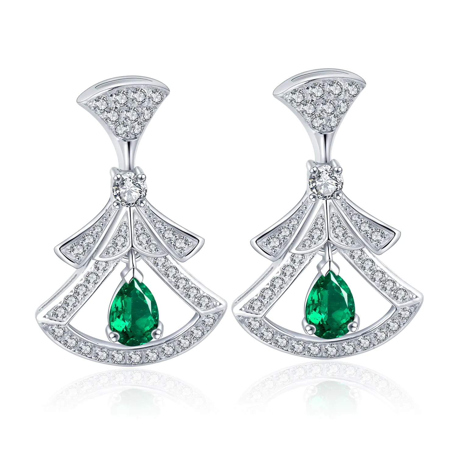 

2021 Zhanhao Fashion Style Leaf Pattern Lab Grown Emerald 925 Sterling Silver Jewelry Earrings, Green