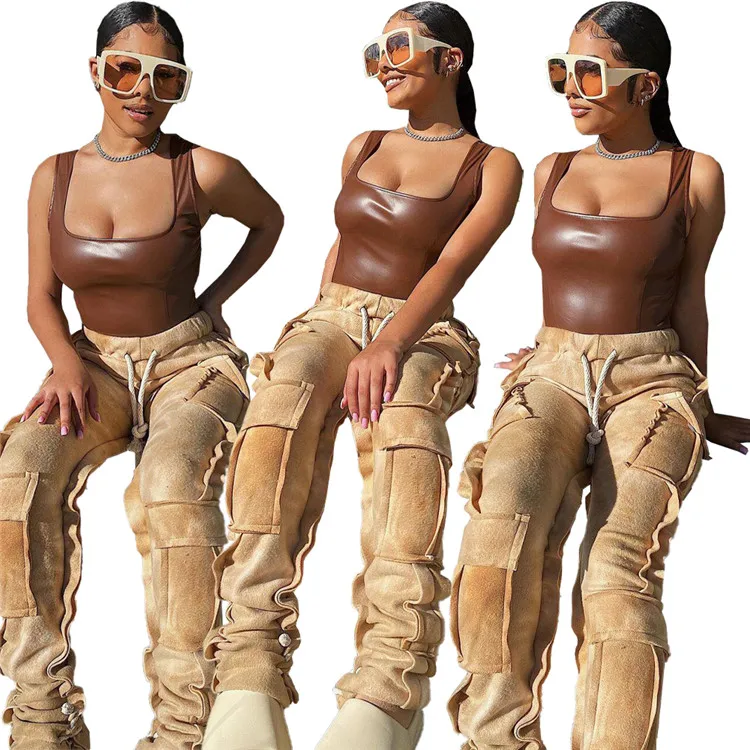 

New Arrival Casual Ladies Trousers Drawstring Pocket Plus Size Spring Women Long Cargo Pants, Picture