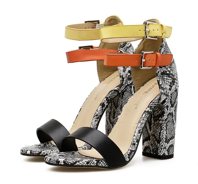 

2021 hot ladies high thick heel party sandals fashionable peep-toe women's snake print casual heel sandals