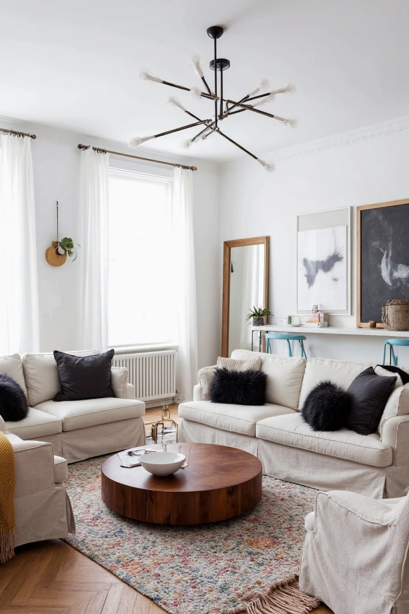 Family sitting in a colorful yet calm flat living room