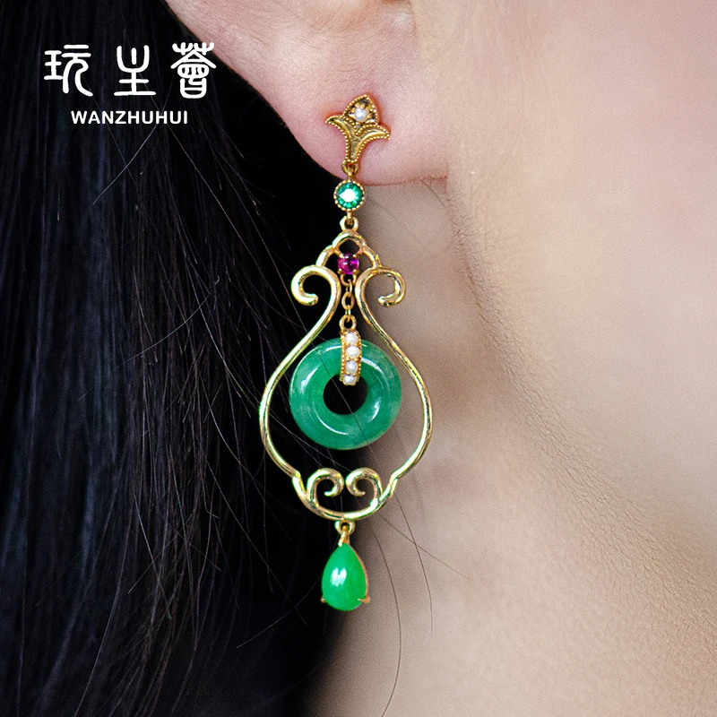 

New style womens 18k pure gold green jade earrings
