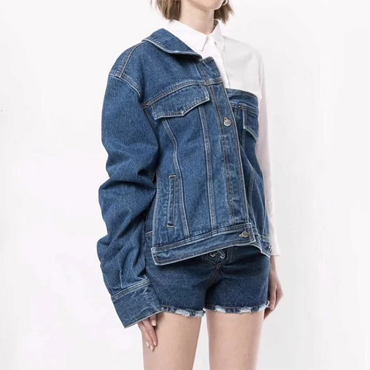 

2021 New Arrival Asymmetric Off-Shoulder Street Wear Pocket Jacket Shirt Denim Patchwork Jacket, Mix color is available