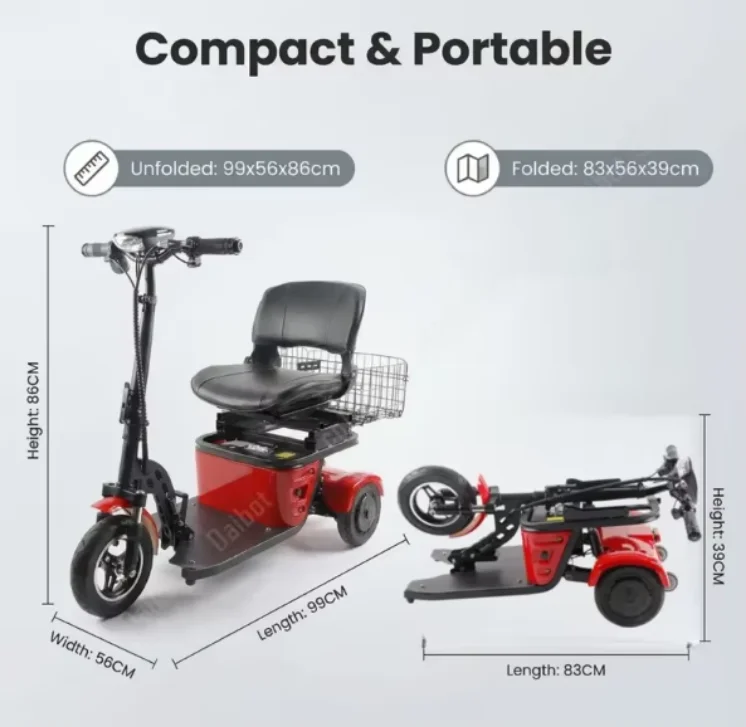 250W*2 36V Lightweight Foldable Mobility Scooter Electric Tricycle for Elderly Removable Battery Dual Motor 35-40km Range