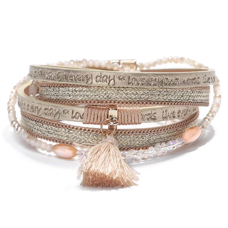 

New Arrivals Multi-layer Bohemian Handmade Letter Beaded Leather Tassels Bracelet For Women, 2 colors