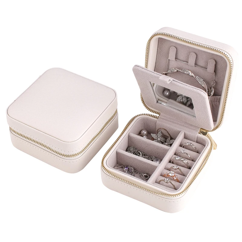 

Portable White Earring Storage Packaging Case With Mirror And Custom Logo Small Velvet Necklace Girl Jewelry Box, Beige