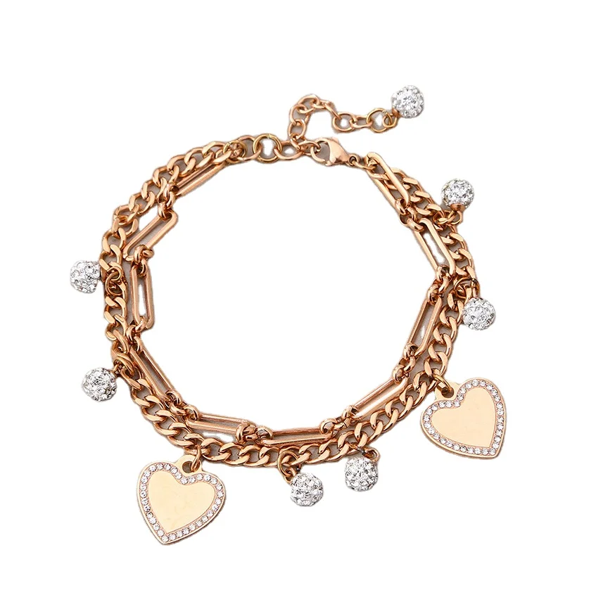 

Double-layer Stainless Steel Bracelets Double Peach Hearts Diamonds Small Ball Pendant Bracelet for Women