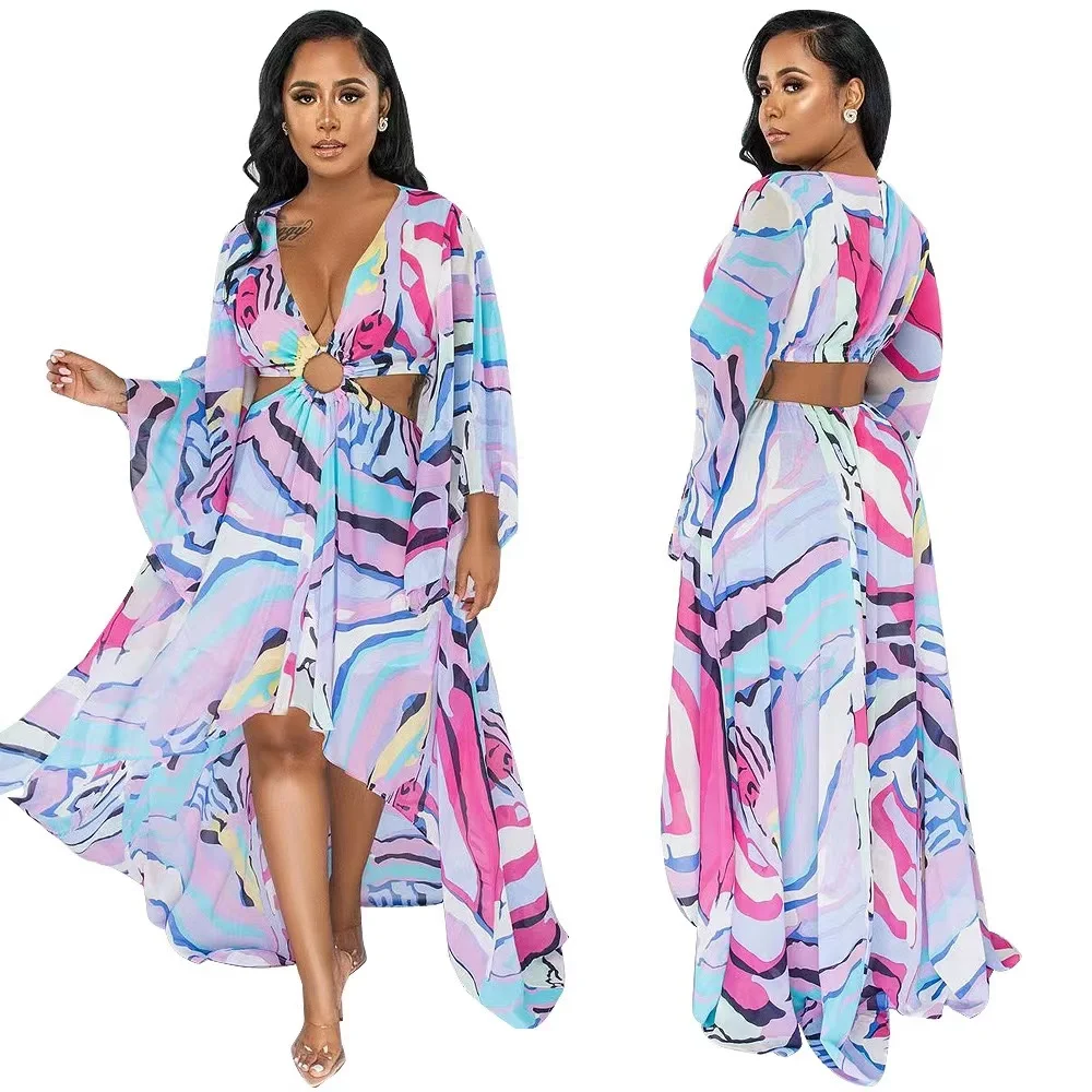 

J&H 2022 summer printed chiffon asymmetric maxi dress women elegance v neck color striped beach vacation dress